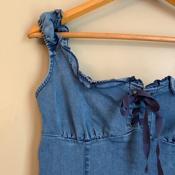 Urban Outfitters Nayda Denim jean Mini Dress Lace Up Sweetheart Neckline - Picture 2 of 11